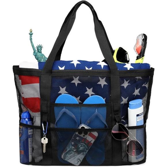 American Beach Bag, Mesh Beach Bag Oversized Beach Tote 9 Pockets Beach Toy Bag - Picture 1 of 6